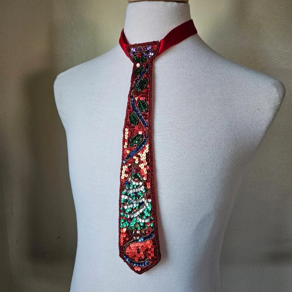 Vintage 90s Christmas Tree Ugly Sweater Party Sequin‎ Embellished Neck Tie
